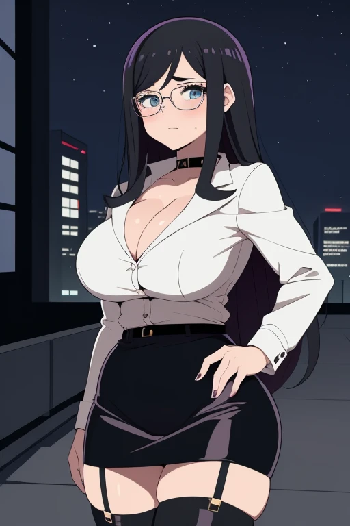 20 year old woman, busty, bubble butt, hourglass figure, skinny, blushing, frustrated expression, horny, seductive, long hair, wavy hair, wearing white shirt, leather jacket, black pencil skirt, latex skirt, black stockings, garter belt, glasses, high heels, office attire, tight fitting clothing, middrift, cleavage, anime, city at night, outside, punk, punk style, punk hair, doujin style, manga, flat colours