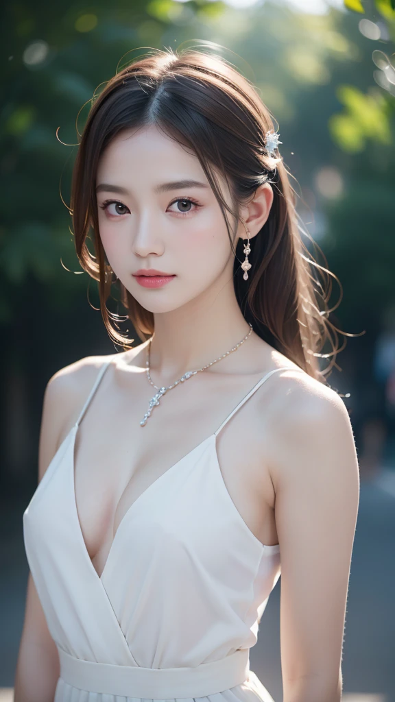 Best Quality, Masterpiece, High Resolution, 1girl, Porcelain Dress, Hair Accessories, Necklace, Jewelry, Pretty Face, On Body, middle breast, looking at viewer, Tyndall Effect, Realistic, Shadow Studio, Rim Lighting, Dual Tone Lighting, (High Detail Skins: 1.2), 8k UHD, dslr, soft light, high quality, volume light, sneak shot, photo, high resolution, 4k, 8k, background blur,