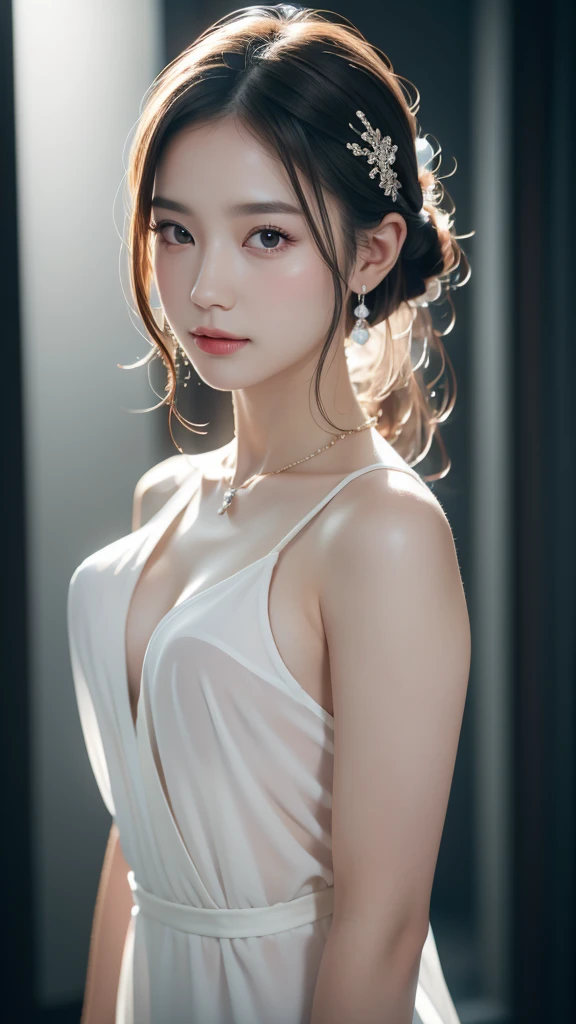 Best Quality, Masterpiece, High Resolution, 1girl, Porcelain Dress, Hair Accessories, Necklace, Jewelry, Pretty Face, On Body, middle breast, looking at viewer, Tyndall Effect, Realistic, Shadow Studio, Rim Lighting, Dual Tone Lighting, (High Detail Skins: 1.2), 8k UHD, dslr, soft light, high quality, volume light, sneak shot, photo, high resolution, 4k, 8k, background blur,