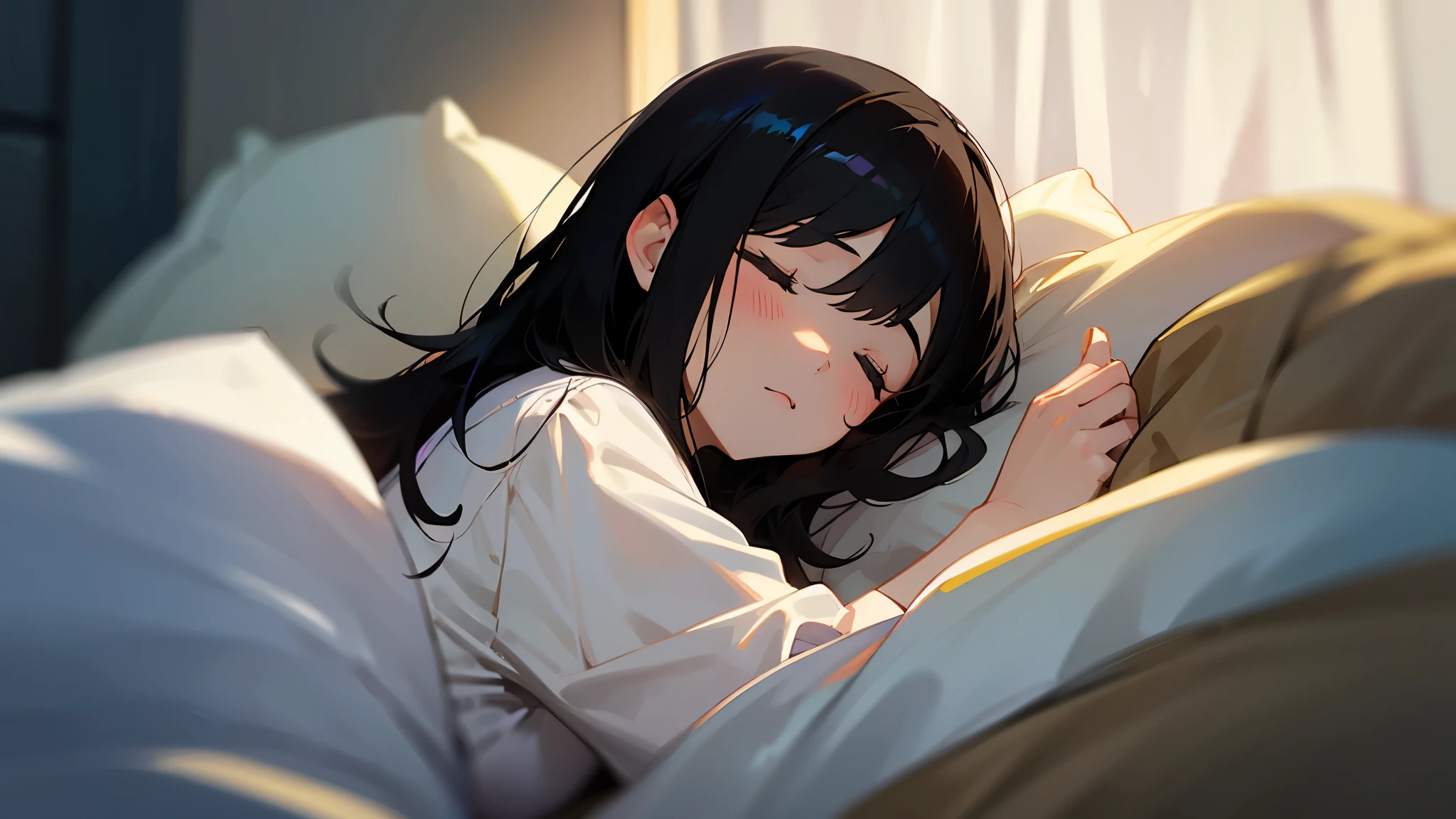 A black-haired girl who sleeps with me in bed and strokes my head