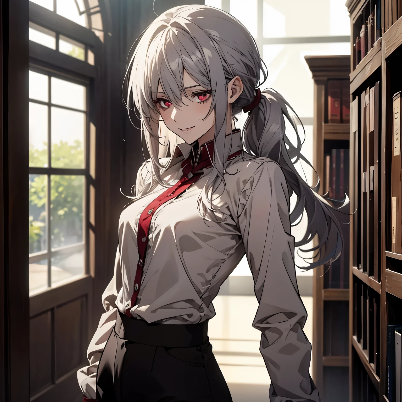 (Confused, High resolution, Very detailed), 1 female, Silver Hair,Long Hair,Crimson Eyes,Jackets and blouses,skinny pants,secretary,Low Ponytail,24th generation,Beautiful woman,mature,thin,quiet,Calm,Small breasts,A small smile,library