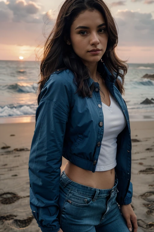 close-up photo of a woman, wearing a jacket button up shirt, blue pants, at a beach, sunset, looking at camera,