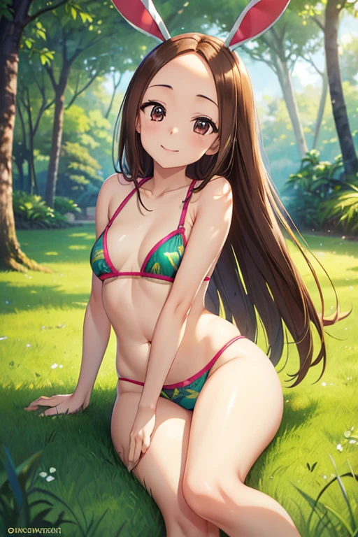 Takagi-san、Shiny brown hair, Straight Long Hair,((Medium chest、Forehead、Center part))、 Beautiful brown eyes、smile、Sparkling eyes, (fine grain)、Very fine eye、Very detailed顔, Very detailed目, Cowboy Shot、


(Highest quality, High resolution:1.2), Very detailed, Realistic, Portraiture, Vibrant colors, Forest atmosphere, Golden Hour Lighting, 
bikini, Stunning curves, Soft grass, Fresh waves, Tropical paradise, Exotic foliage, Summer winds, Captivating look , Sexually suggestive, Seductive pose, whole body, Thighs, feet, かわいいfeet , , Bunny ears