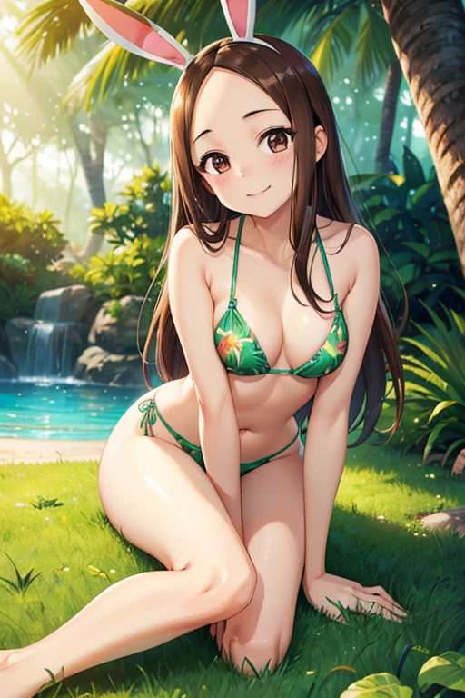 masterpiece, best quality,  girl,(kunikida hanamaru:0.999), (long hair:0.888), (breasts:0.878),(brown hair:0.875), (looking at viewer:0.699), (large breasts:1.0), curvy body, sitting, (spread legs:1.3), elevated legs, (presenting her pussy:1.2),ass visible through thighs,blush, bangs, navel, cleavage, collarbone, bikini, cowboy shot, armpits, smile, wet, side-tie bikini bottom, ocean, halterneck, scrunchie, front-tie bikini top, yellow bikini