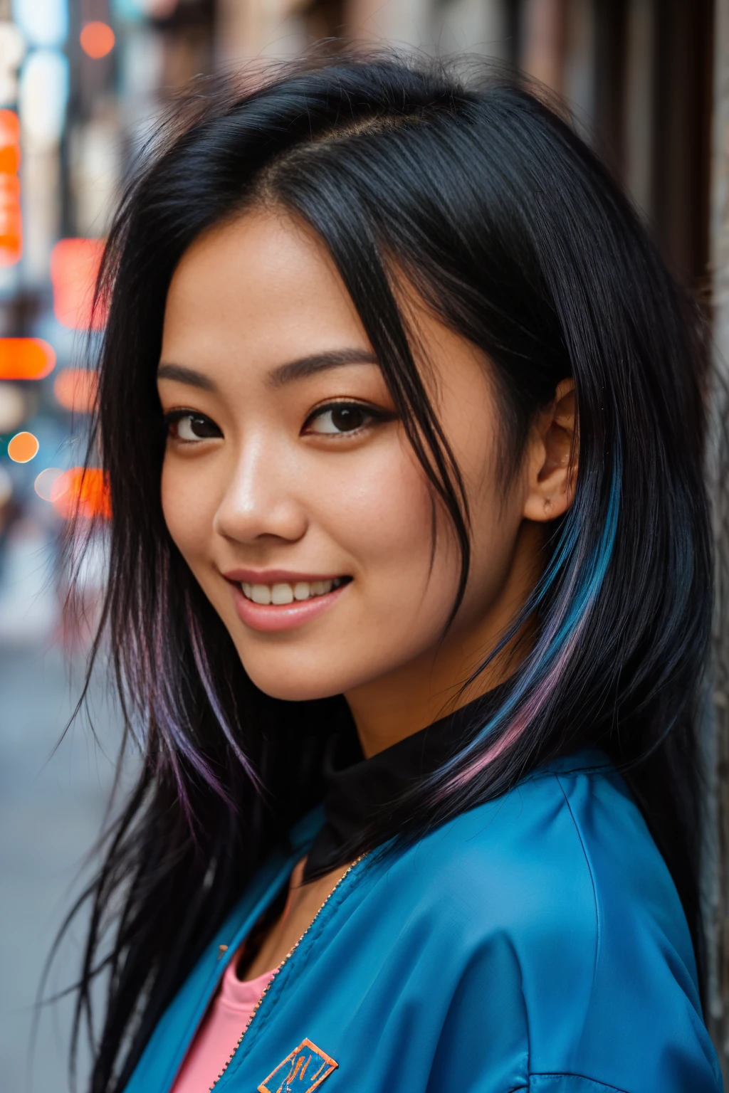 arafed woman with black hair , flowing pink hair, with black hair with blue highlights, photo of a beautiful woman, long flowing black hair, pink golden hour, curly black hair, beautiful young asian woman, beautiful asian woman, wild ginger hair, pink wispy hair, light black hair, a young asian woman, an asian woman, infp young woman, Portrait photo of a 24-year-old french girl in RAW UHD format (Black-eyed woman) Walk down the alley, day city, Details (textures! , Hair! , glistering, Color!! , imperfections: 1.1), highly detailed glossy eyes (looking at the camera), DSLR Lighting, SLR camera, Ultra-Quality, sharpness, Depth of field, Film grain (Downtown), Fujifilm XT3, Crystal clear, Frame Center, beatiful face, sharp-focus, neon lighting, bokeh (lit), day time, (open sky), detailed skin pores, oilly skin, suntan, Complex eye details, new york city, smiling, ((orange prison jump suit))