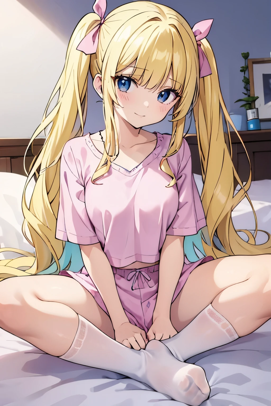 masterpiece, solo girl, (young female body:1.4), (small breasts), cowboy shot, flustered, yellow golden hair, extra gold long hair, thick wavy hair, hime cut, blunt bangs, crystal blue eyes, light blue detailed eyes, bedroom background, pink pyjamas, socks, pink pyjama pants, short sleeping shorts, white tank top, short oversized blue top, white heart crop top, short sleeves, wavy curly voluminous twintails, huge twin tails, voluminous curly hair, butterfly sitting, crossed legs, heart symbol, pink ribbon