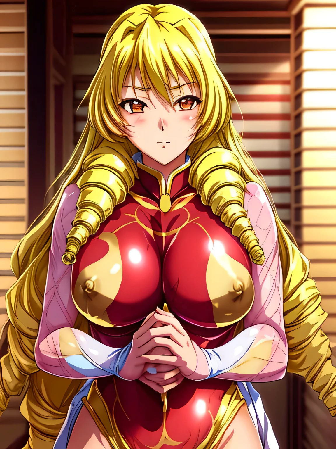 Ryuzoji Himeno、bangs, beautiful, beautiful woman, Perfect body, Are standing,beautiful female model,Detailed skin、Detailed costume、Detailed face、Gold Leotard、Drill Hair、Blonde、Dirty face、Show the whole body、Transparent nipples、