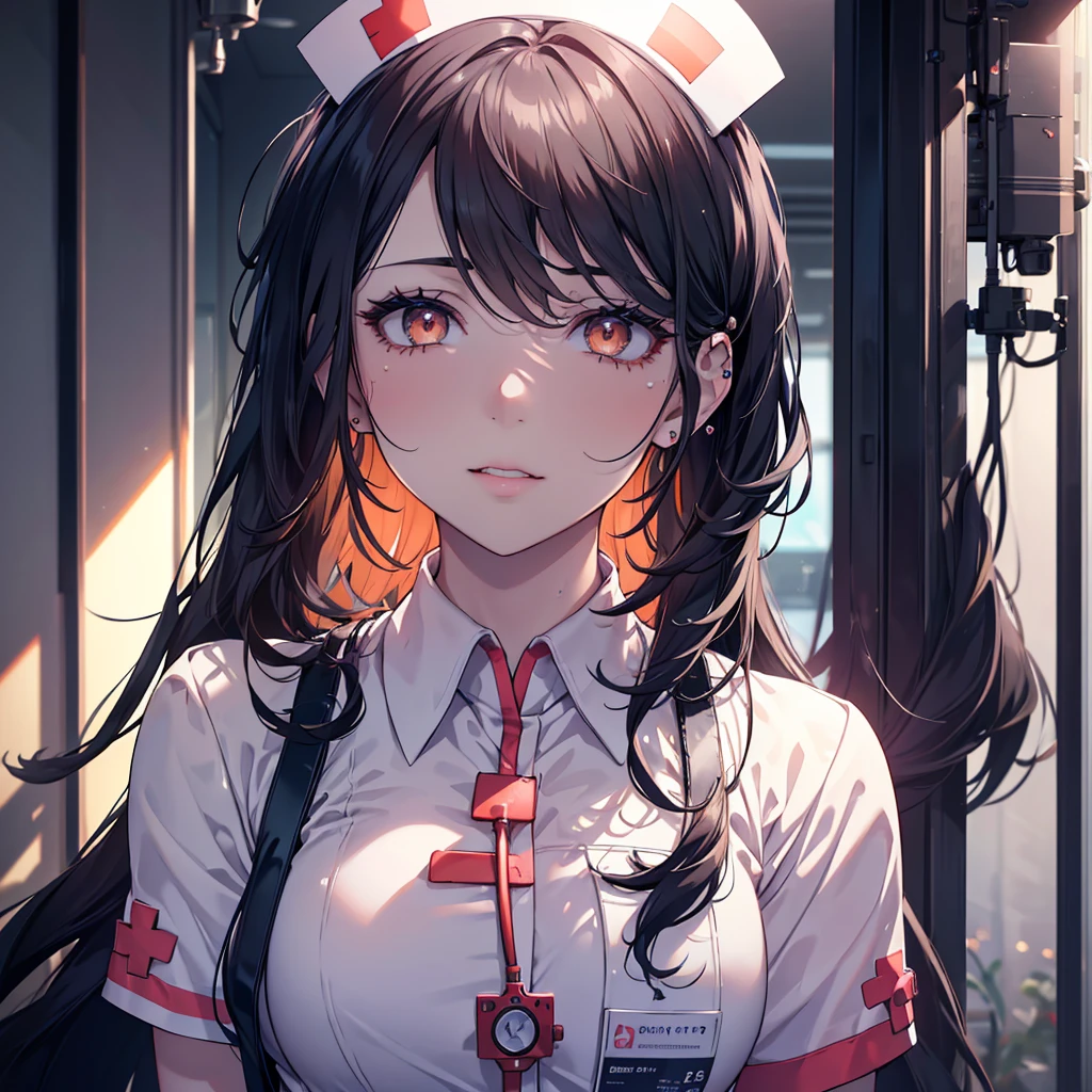 a stern-looking nurse with long wavy black hair, piercing orange eyes, and a mischievous expression, standing in a brightly lit hospital corridor with medical equipment and plants in the background, soft dramatic lighting creating gentle shadows, (best quality,4k,8k,highres,masterpiece:1.2),ultra-detailed,(realistic,photorealistic,photo-realistic:1.37),detailed face and eyes,beautiful detailed lips,extremely detailed eyes and face,long eyelashes,1 girl,nurse uniform,confident pose,hospital setting,medical background,dramatic lighting,soft shadows,vibrant colors