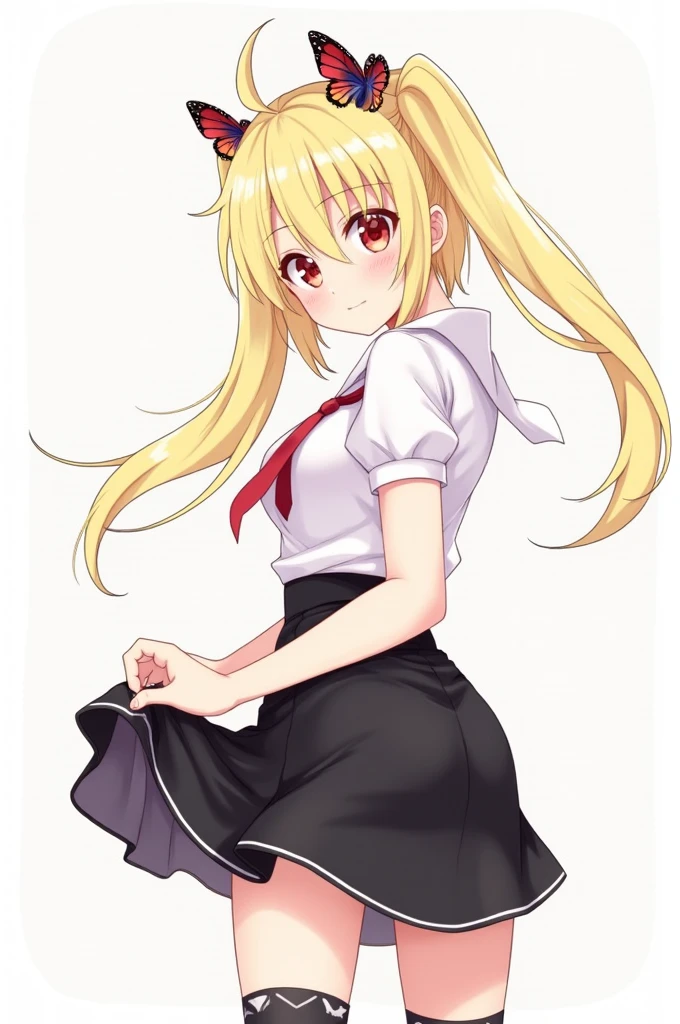 (masterpiece, extremely detailed, best quality, ultra-detailed, illustration1.2), girl. shy, faint smile, blonde hair, short hair, (two very long ponytails), (two very long ponytails), red eyes, hair between eyes, bangs, only one head butterfly ornament, medium breasts, white shirt, punkish, punkish skirt, knee socks, red necktie, beautiful hip, skirt lift, clothes lift, bare hip, ass, (looking back), from bottom, 