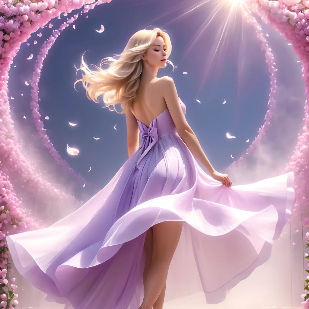 full length, blonde,Beautiful face, lilac-pink and light white tones, full length esbian body, White background, daylight, Epheito de Luz, Minimalistic, Solar, pure tenderness, soft lighting, Realism. beautiful woman, which (collarbone, shoulders) posing with his back to us,on a super-giant bell flower with double and long petals (petals made of thin, soft gauze cloth, full background of flowing petals,  overhead a huge bell held by a long stem,super flying petals, Smoke effect, fog, mixed with petals), bell dress, ((ss-through)) full length. ReV Animated,