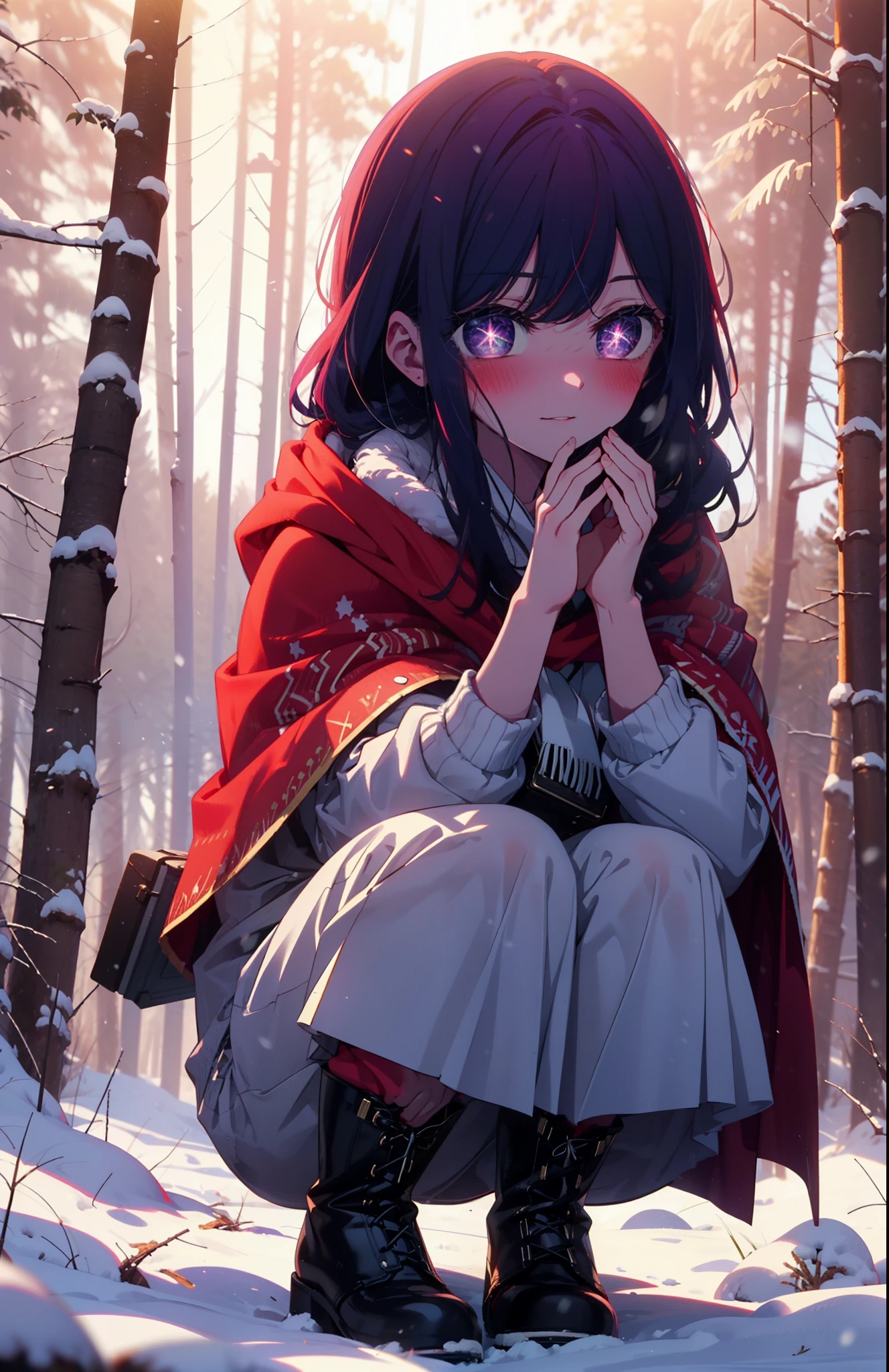 aihoshino, Ai Hoshino, Long Hair, bangs, (Purple eyes:1.1), Purple Hair, (Symbol-shaped pupil:1.5), smile,,smile,blush,white breath,
Open your mouth,snow,Ground bonfire, Outdoor, boots, snowing, From the side, wood, suitcase, Cape, Blurred, , forest, White handbag, nature, Squat, Mouth closed, Cape, winter, Written boundary depth, Black shoes, red Cape break looking at viewer, Upper Body, whole body, break Outdoor, forest, nature, break (masterpiece:1.2), Highest quality, High resolution, unity 8k wallpaper, (shape:0.8), (Beautiful and beautiful eyes:1.6), Highly detailed face, Perfect lighting, Extremely detailed CG, (Perfect hands, Perfect Anatomy),
