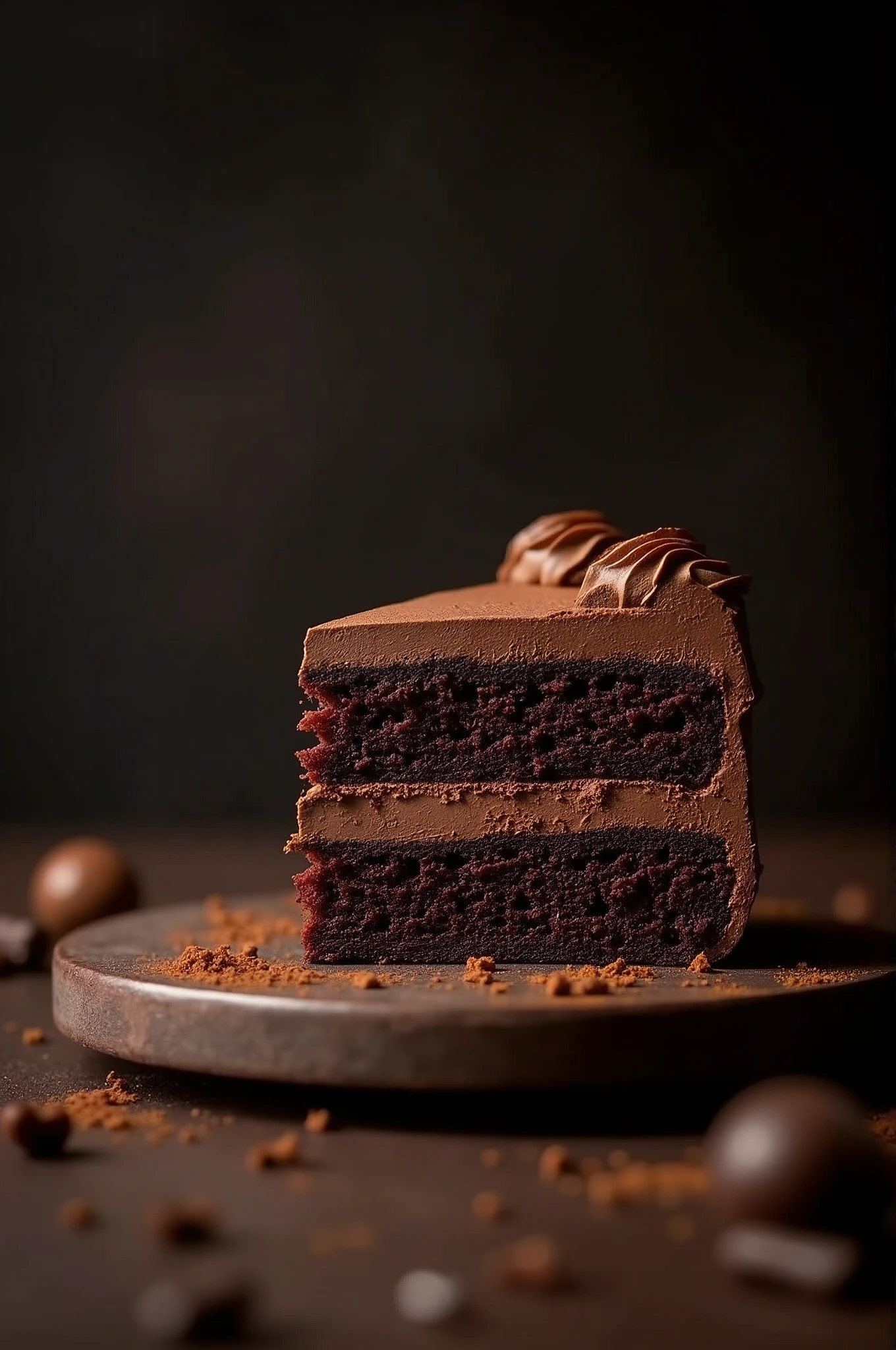 cinematic film still chocolate, chocolate cake, dark background, quality photo, moist texture, frosting, studio photo, slice . shallow depth of field, vignette, highly detailed, high budget, bokeh, cinemascope, moody, epic, gorgeous, film grain, grainy