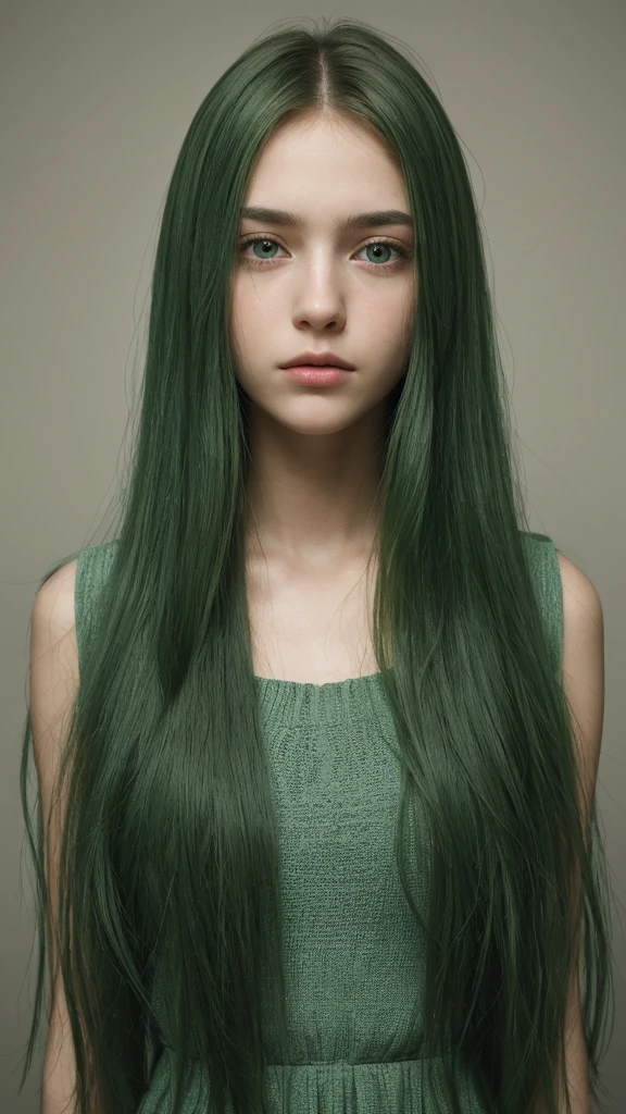 a girl. european. oval face. delicate features. long face. sorrowful eyes. long straight hair. messy hair. green hair. sad