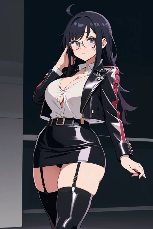 20 year old woman, busty, bubble butt, hourglass figure, skinny, blushing, frustrated expression, horny, seductive, long hair, wavy hair, wearing white shirt, leather jacket, black pencil skirt, latex skirt, black stockings, garter belt, glasses, high heels, office attire, tight fitting clothing, middrift, cleavage, anime, city at night, outside, punk, punk style, punk hair, doujin style, manga, flat colours