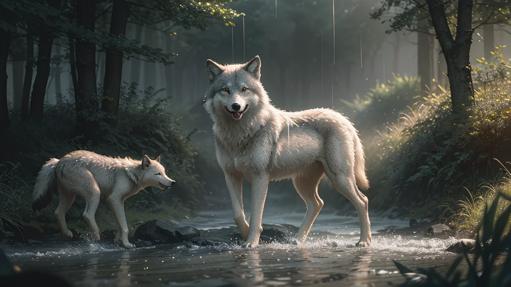 Summer rain cascading down in sharp focus on a wolf with its cubs, surrounded by a haze, captured with the ultra-detailed essence of film photography featuring light leaks, inspired by the intricate style of Greg Rutkowski, studio photo, trending on ArtStation, intricate details, highly detailed, cinematic.