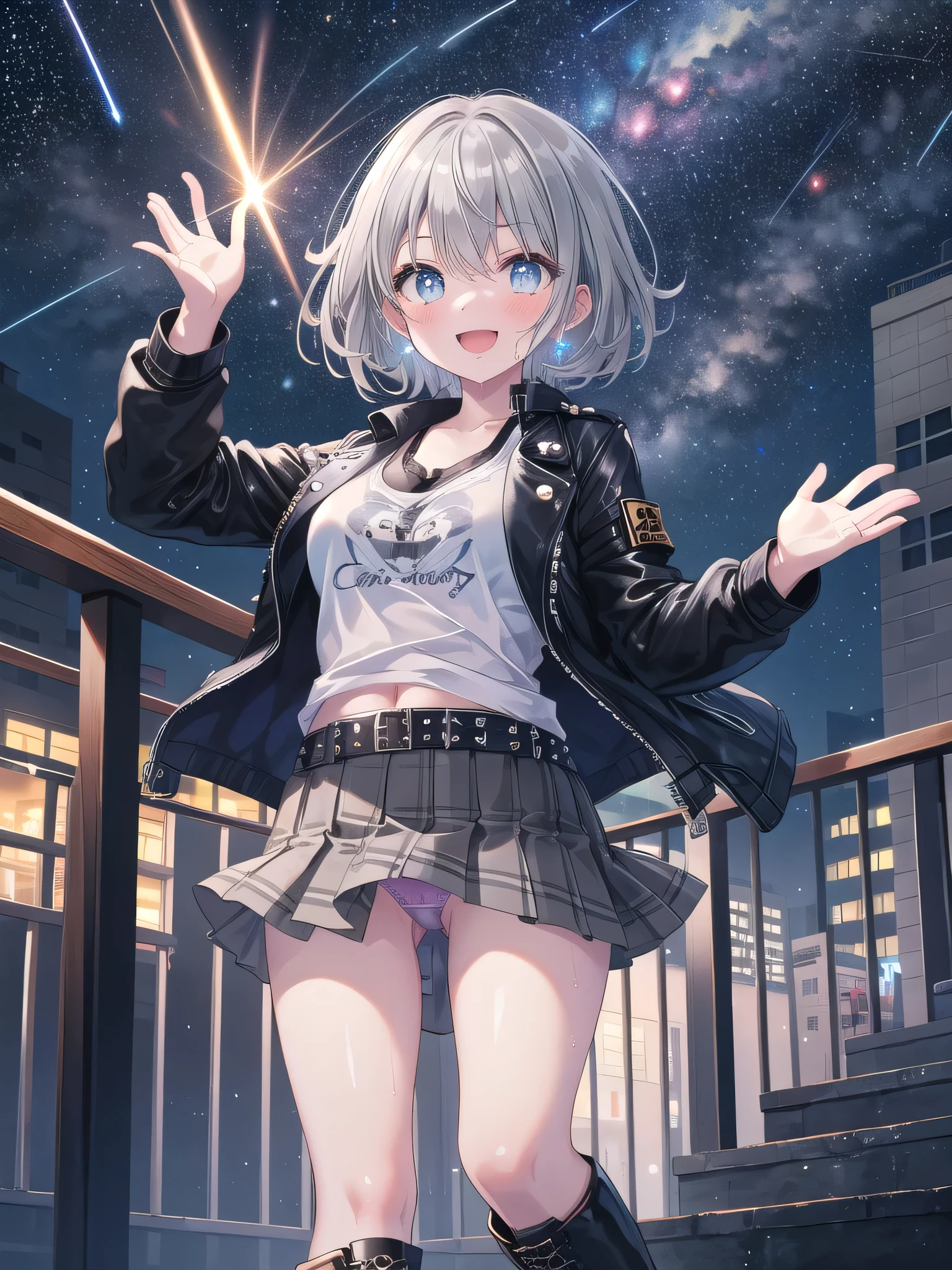 ((8K, Highest Quality, Masterpiece:1.3)), Ultra High Quality, (1 Girl, 1 Person), (Color Changing Eyes, Super Detailed, Expressive Shine, Sparkling Eyes), Highly Detailed Eyes, Highly Detailed Face, Random Hair, (Silver Grey Color), Exposed, Graphic T-Shirt, Leather Skirt, Dr. Martens Boots, Studded Belt, Leather Jacket, Dark Lipstick, Shaggy Hair, (Cute Bra and Cute Panties:1.1), Wet Panties, (Ecstatic Expression:1.3), Standing, Angle from Below, White Skin, Balcony, (Night View, Starry Sky:1.2), Fantastic Light
