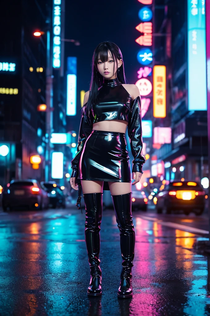 **prompt**:
**Characteristics of Japanese beautiful girls**:
This image contains、A beautiful Japanese girl stands in the night streets of a futuristic city。Her expression is cool and confident.、Long black hair flows straight。The beautiful girl's features are clear、It creates a stylish atmosphere。
**Background features**:
The background is a corner of a city with neon lights shining.、Pink and blue neon lights stand out。The night cityscape、Futuristic and cyberpunk feel、The wet reflections on the road create beautiful light effects.。
**Thin fabric clothing**:
She is wearing a black vinyl outfit.、The top has a shoulder-exposing design.、The skirt is decorated with chains。The whole outfit has a glossy look、It shines by reflecting the neon light.。On her feet she wears thick-soled boots.、The socks are accented with vibrant colors。
**Posing**:
She is posing confidently、spread your feet shoulder-width apart、Hands are naturally lowered。This pose highlights her strength and confidence.。
**Photographic Techniques**:
This photo was taken vertically、Placing the subject at the center of the shot makes her stand out.。Use the neon light effect in the background and the reflection of the wet road.、Enhances the contrast between light and shadow。Using ultra-realistic live-action techniques、It is characterized by its attention to detail.。especially、The combination of shiny costumes and neon lights、It creates a fantastic atmosphere。