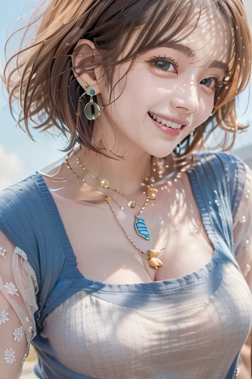 ((Highest quality)), ((masterpiece)), (detailed), ((Highest quality))、RAW、4K、High resolution、Perfect Face, Japanese、28 years old、female、short hair、Bob Hair、light light brown hair、Earrings、necklace、Perfect Anatomy、Anatomically correct body、((Looking up at the blue sky with a smile))、Tokyo cityscape、The navel is visible、