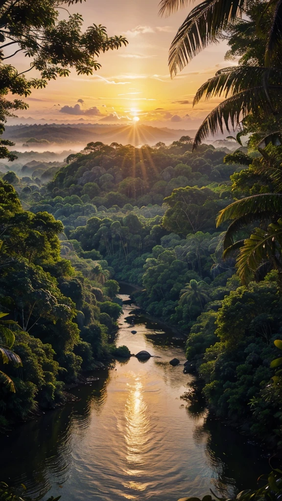 Rainforest aesthetic view, sunrise,Depicting a mysterious river in the Amazon forest、Ultra-realistic and highly detailed beautiful masterpiece, With the setting sun, 