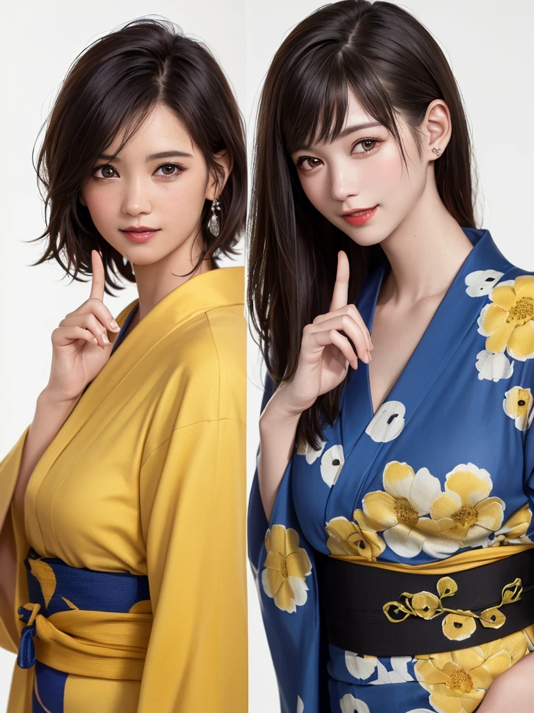 Frame In、(Highest quality、8k、32K、masterpiece、Hmph:1.2)、(RAW Photos)、(Realistic)、(Photorealistic:1.2)、(High resolution)、Very detailed、Very beautiful face and eyes、1 girl、Round and small face、Narrow waist、Delicate body、(close、Highest quality、Attention to detail、Rich skin detail)、(Highest quality、8k、Oil paints:1.2)、Very detailed、(Realistic、Realistic:1.37)、(((White Background)))、((Black Hair))、(((Pure white wall background)))、(((Wearing a yellow yukata)))、(((Pure white wall background)))、(((Tiger Print Yukata)))、(((Tiger Print Yukata)))、(((Medium Hair)))、(((Happy smile)))、(((Touching lips with fingers)))、