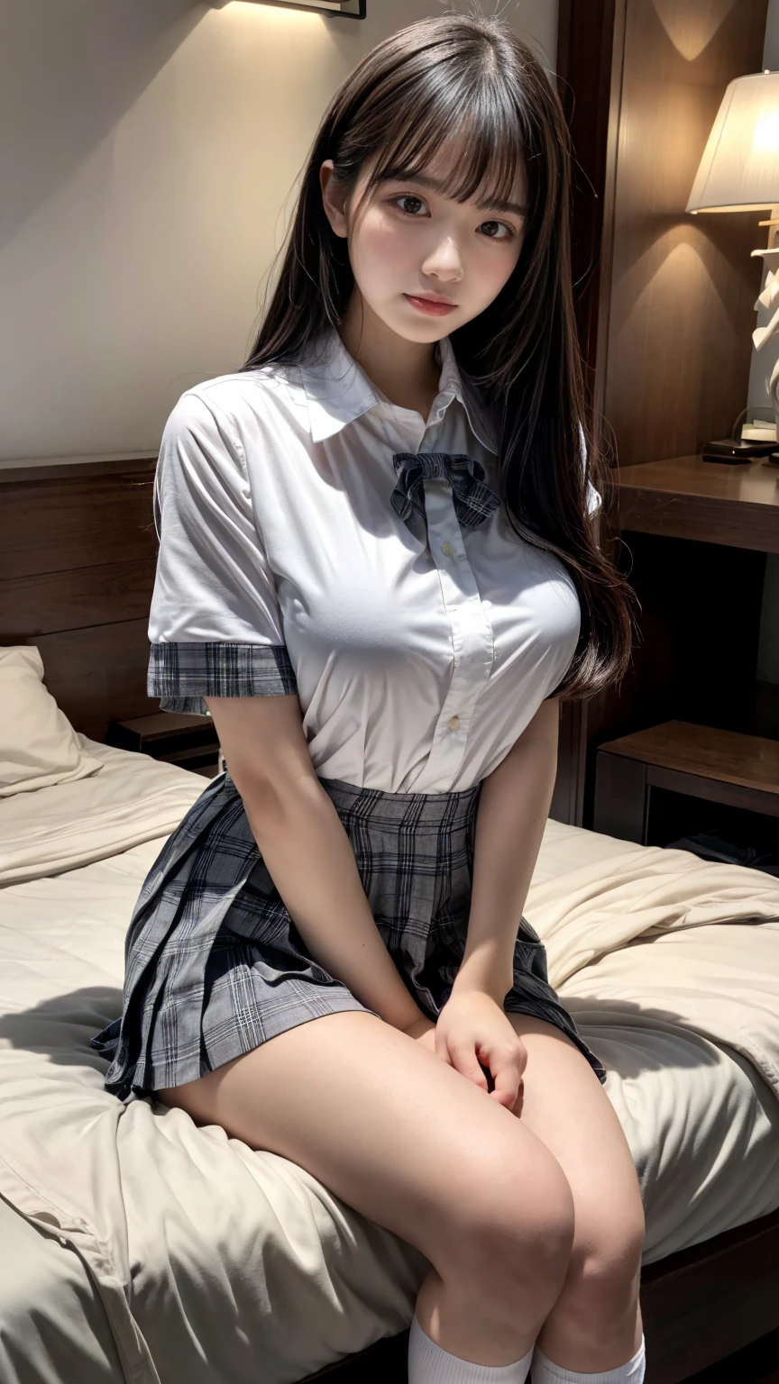 (8K, RAW Photos, Highest quality, masterpiece:1.2), (professional photography, full colors, studio-caliber color grading), (Gravure quality for high-end fashion magazines), BREAK,18 year old girl, (boyish:1.15), (mannish:1.1), Big Natural Color Lip, Plumpy body, (smooth skin:1.1), (huge breasts:1.0), BREAK (school uniform:1.2), ((loose style, tucked out tops):1.2), (fusion of oversized white tunic and white collared-shirt with untucked:1.4), (short sleeve:1.3), (button-up:1.4), (black and gray plaid pattern pleated mini skirt:1.2), (thigh skin:1.4), (socks:1.2), (loafers:1.1), BREAK hotel room