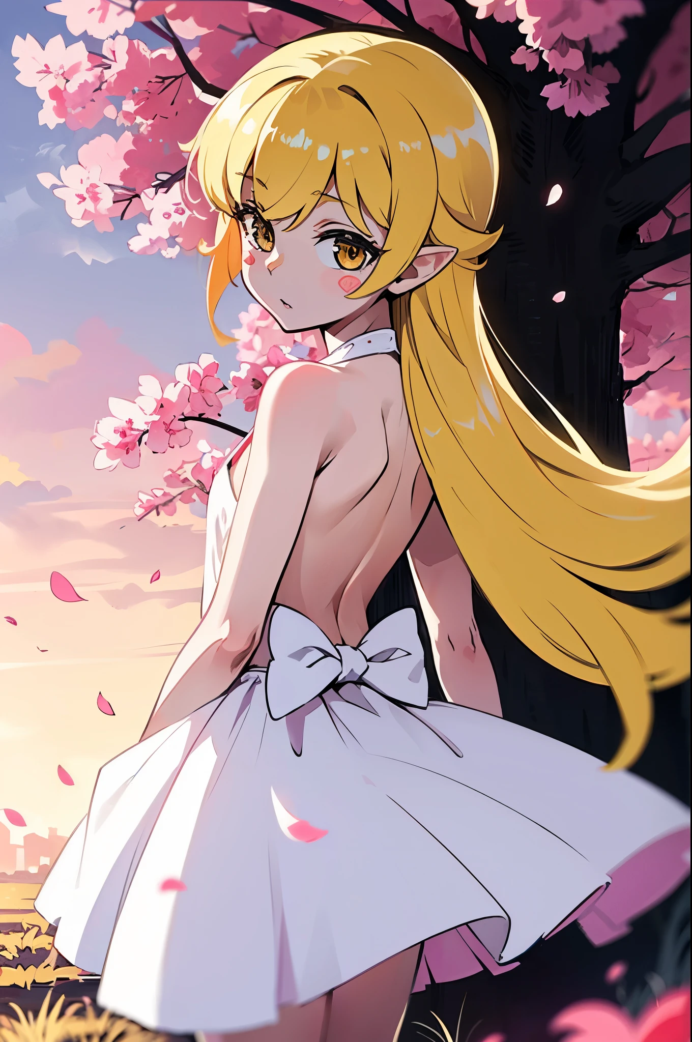 1girl, solo, female, (oshino_shinobu),(blonde) (blonde_hair), (yellow_hair), ((long_hair)), ((bangs)), (yellow_eyes), blush, cute, innocent face, pointy_ears, (blush_stickers), flat_chest,
dress, white_dress, bow, standing, looking_back
global illumination, hdri, subsurface scattering, masterpiece, 4k, raytrace, beautiful, sharp, smooth skin, bloom, anime
sunset, nature, windy, trees, flowers, sakura_petals