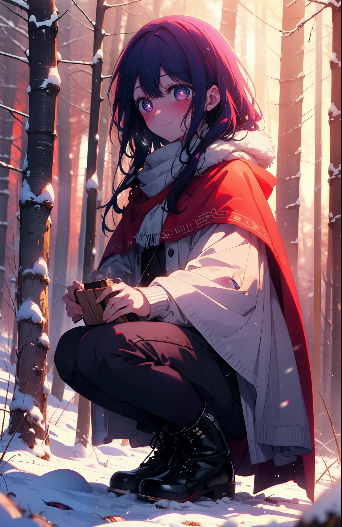aihoshino, Ai Hoshino, Long Hair, bangs, (Purple eyes:1.1), Purple Hair, (Symbol-shaped pupil:1.5), smile,,smile,blush,white breath,
Open your mouth,snow,Ground bonfire, Outdoor, boots, snowing, From the side, wood, suitcase, Cape, Blurred, , forest, White handbag, nature, Squat, Mouth closed, Cape, winter, Written boundary depth, Black shoes, red Cape break looking at viewer, Upper Body, whole body, break Outdoor, forest, nature, break (masterpiece:1.2), Highest quality, High resolution, unity 8k wallpaper, (shape:0.8), (Beautiful and beautiful eyes:1.6), Highly detailed face, Perfect lighting, Extremely detailed CG, (Perfect hands, Perfect Anatomy),