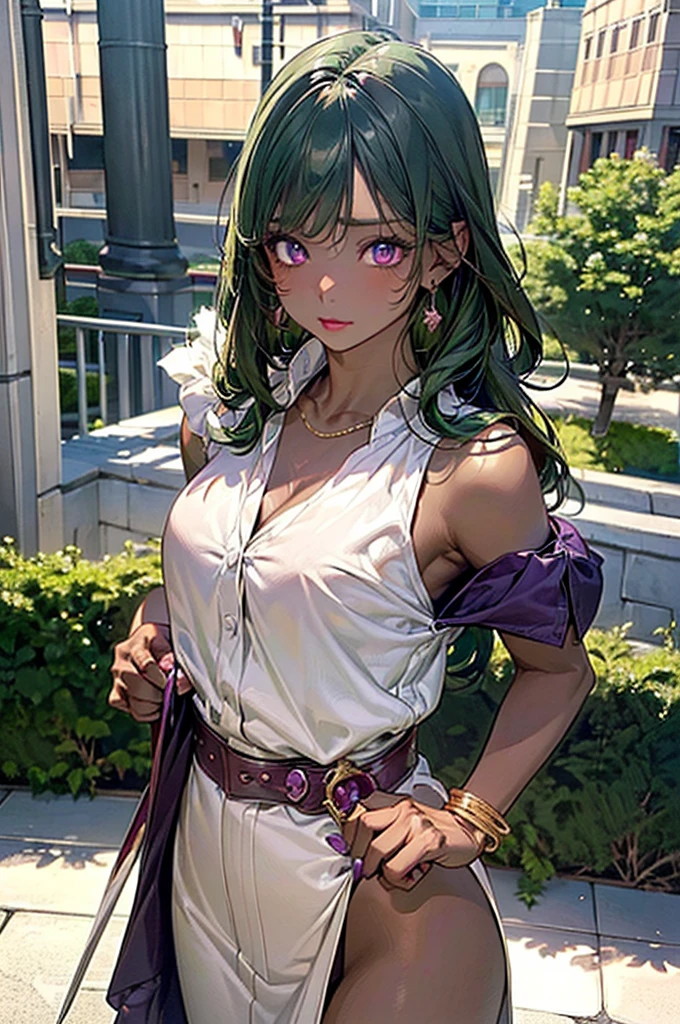 ((Highest quality)), ((masterpiece)), (detailed), (Perfect Anatomy), (8k, 32K), (cute), One Girl, ((beautiful girl)), ((sexy)), Hime cut,（Green Hair), Purple eyes, ((Ample breasts), (Holding a Great Sword), (Dark Skin), (Confused Eyes), ((Masochistic)), ((break)), ((Woman warrior))
