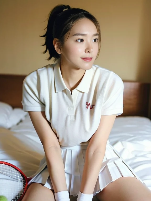 (Masterpiece, Best quality: 1.2), (Ultra realistic, Photo-realistic: 1.2), Full body, Slender body, From above, From side, Sitting, (Seductive pose: 1.2), Bedroom eyes, (Beautiful thighs: 1.1), Natural light, 28 years old actress, Japanese women, Neat and clean, (Ponytail short wavy hairstyle: 1.1), Short wavy hair, ((Wearing white tennis uniform, White short-sleeve polo shirt: 1.2)), (unbutton: 1.3), ((Wearing White tennis pleated skirt: 1.3)), Wearing white sock, (Beautiful face), Oval face, clear, Beautiful eyes, Kind eyes, Clear skin, Small face, Beautiful mouth, Small mouth, Natural makeup, Approachable, Seductive smile, Embarrassed, Blush, Luxury hotel Suite room, On bed,