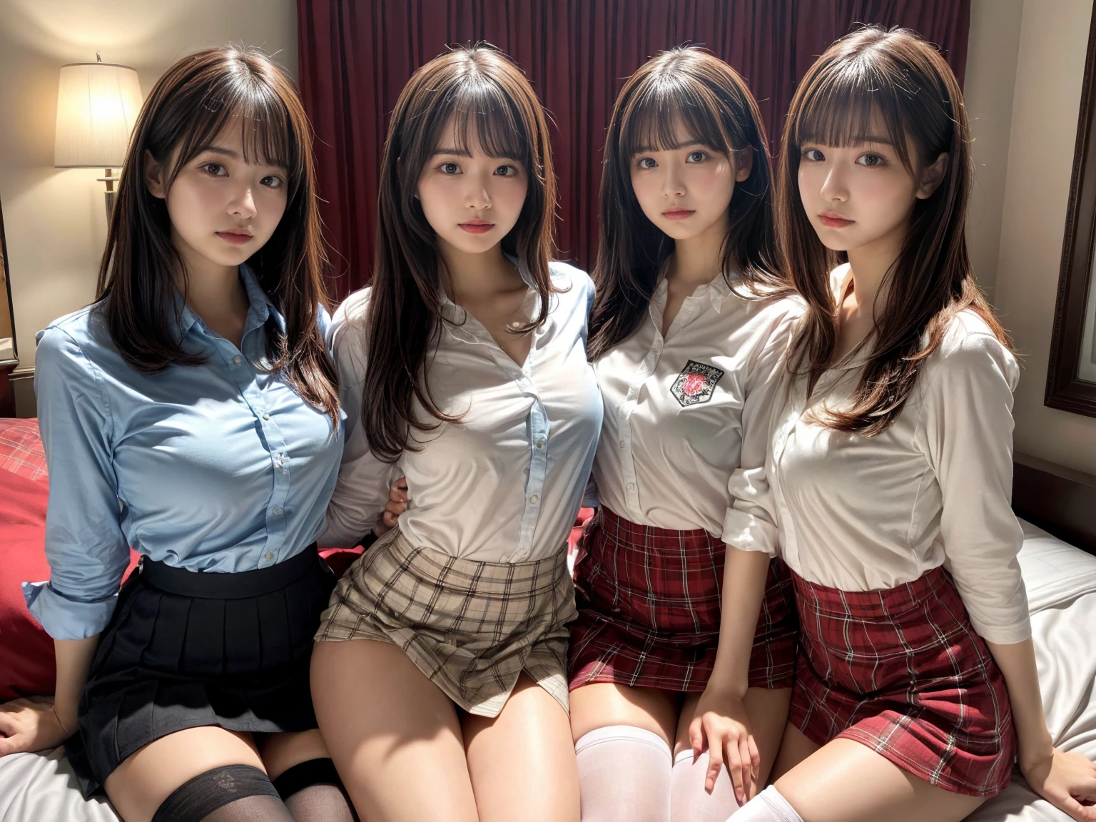 masterpiece, best quality, illustration, Super detailed, fine details, High resolution, 8K,wall paper, perfect dynamic composition,(Details High quality, realistic depiction of eyes:1.3), (3 girls), (white school shirt :1.2), (plaid skirt :1.3), tie black, black thigh-high stockings, sitting, open legs, short bob hair, in a hotel room in the background, deep on field, large breasts, black hair color, Big Natural Color Lip, (perfect body shape), crying a little、Harajuku style、20 year old girl、cute type、beautiful legs, Gravure Idol
