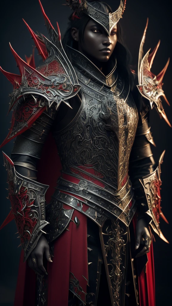 Close-up of a person in armor with red eyes, Concept Art:Arthur Pang, Artstation Contest Winner, Fantasy art, Demon Armor, Armor with a demonic dragon motif, unreal engine Fantasy art, Damaged armor, Exquisite Assassin Armor, Ornate armor covered with thorns, Witch wearing sword armor, red Demon Armor, black and red armor, Fantasy style 8k octane rendering
