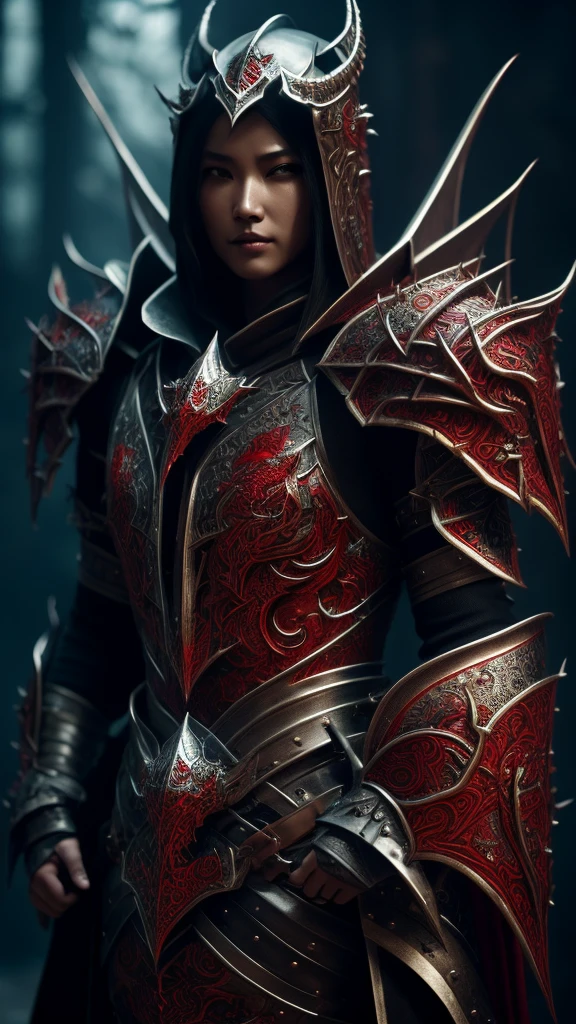 Close-up of a person in armor with red eyes, Concept Art:Arthur Pang, Artstation Contest Winner, Fantasy art, Demon Armor, Armor with a demonic dragon motif, unreal engine Fantasy art, Damaged armor, Exquisite Assassin Armor, Ornate armor covered with thorns, Witch wearing sword armor, red Demon Armor, black and red armor, Fantasy style 8k octane rendering