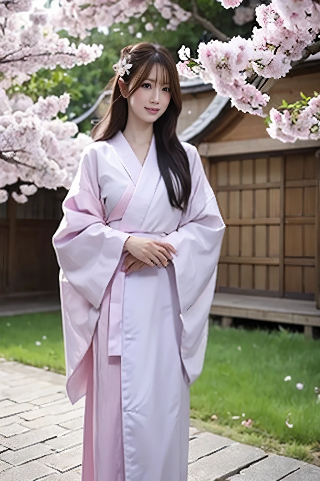 ((photorealistic:1.3)),((ultra detailed)),((sharp:1.2)),((cinematic light)),1girl, solo,(grin), Transparent skin,fein detailed face,long hair, cherry blossom, hanami, white flower, white flower, wisteria,flower, plum blossoms, outdoors, falling petals, black eyes, white kimono, purple hairsumi,(yukata), starlight hair,hair down,full body,Gravure Model Pose、((Hair soaring in the wind)),
