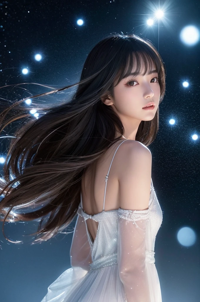 **prompt**:
**Characteristics of Japanese beautiful girls**:
The image shows、Beautiful Japanese girls are depicted。She has long black hair、Her hair swaying in the wind creates a mysterious atmosphere.。Her expression was serious and、The eyes gazing into the distance are impressive.。
**Background features**:
The background is a fantastic space like a night sky with countless stars and sparkling light particles.。The particles of light are scattered、It creates the illusion of being in outer space.。Beautiful reflection and diffusion of light、The overall effect is a fantastical and mysterious atmosphere.。
**Thin fabric clothing**:
She is wearing a black vinyl bodysuit.。The costume fits snugly to the body、It reflects light and gives off a lustrous shine.。The details of the costumes are depicted realistically.、Texture and shine are emphasized。
**Posing**:
Her pose is full of confidence.、Standing and looking up。One hand is lowered slightly、The other hand is slightly bent、It's a dynamic pose。With hair swaying in the wind、It has the effect of making you feel the movement even though it is a still image.。
**Photographic Techniques**:
The image is displayed vertically.、Her whole body is captured in the frame.。The use of light is clever、The light particles in the background and the reflections on the costume are in perfect harmony.。especially、Using light reflections to highlight the texture of her outfit、Increases reality。Also、With background bokeh effect、She is portrayed as a distinctive。
このpromptを基に、Create ultra-realistic photo-realistic images。
