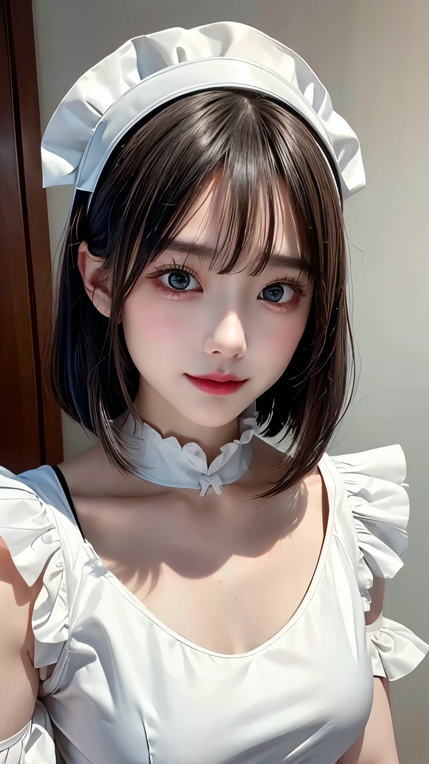 (Close-up:1.4)、(RAW shooting:1.2)、(photorealistic:1.4)、(masterpiece:1.3)、(highest quality:1.4)、solo、7 head and body、(slender and beautiful girl)、cute、(beautiful detailed eyes)、(charming big eyes)、(beautiful double eyelids)、(beautiful and detailed face)、(gentle smile:1.2)、(big breasts:1.2)、(cleavage)、(erect nipples:1.2)、(full body shot)、8K、(muste piece:1.2)、(pale blue hair、short bob:1.3)、(Bangs Patsun)、(headdress、white blouse、black ribbon、ruffle skirt、puff sleeves、collar、choker、white apron with fine frills:1.3)、White Knee High Socks、black maid costume、(Sexy model pose with chest sticking out:1.3)、cowboy shot、view audience、(small butt)、(beautiful hands)、(beautiful thighs)、cute系、(perfect anatomy:1.2)、ancient city、