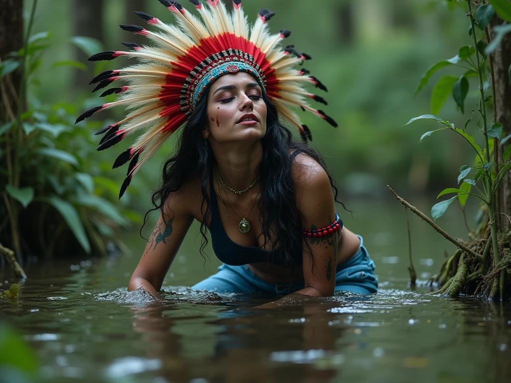 extremely detailed woman in jeans and t-shirt is victim of ritual,drowning in bog, in the middle of a mysterious bog, wearing a beautiful headdress and traditional indigenous makeup. red, green, blue