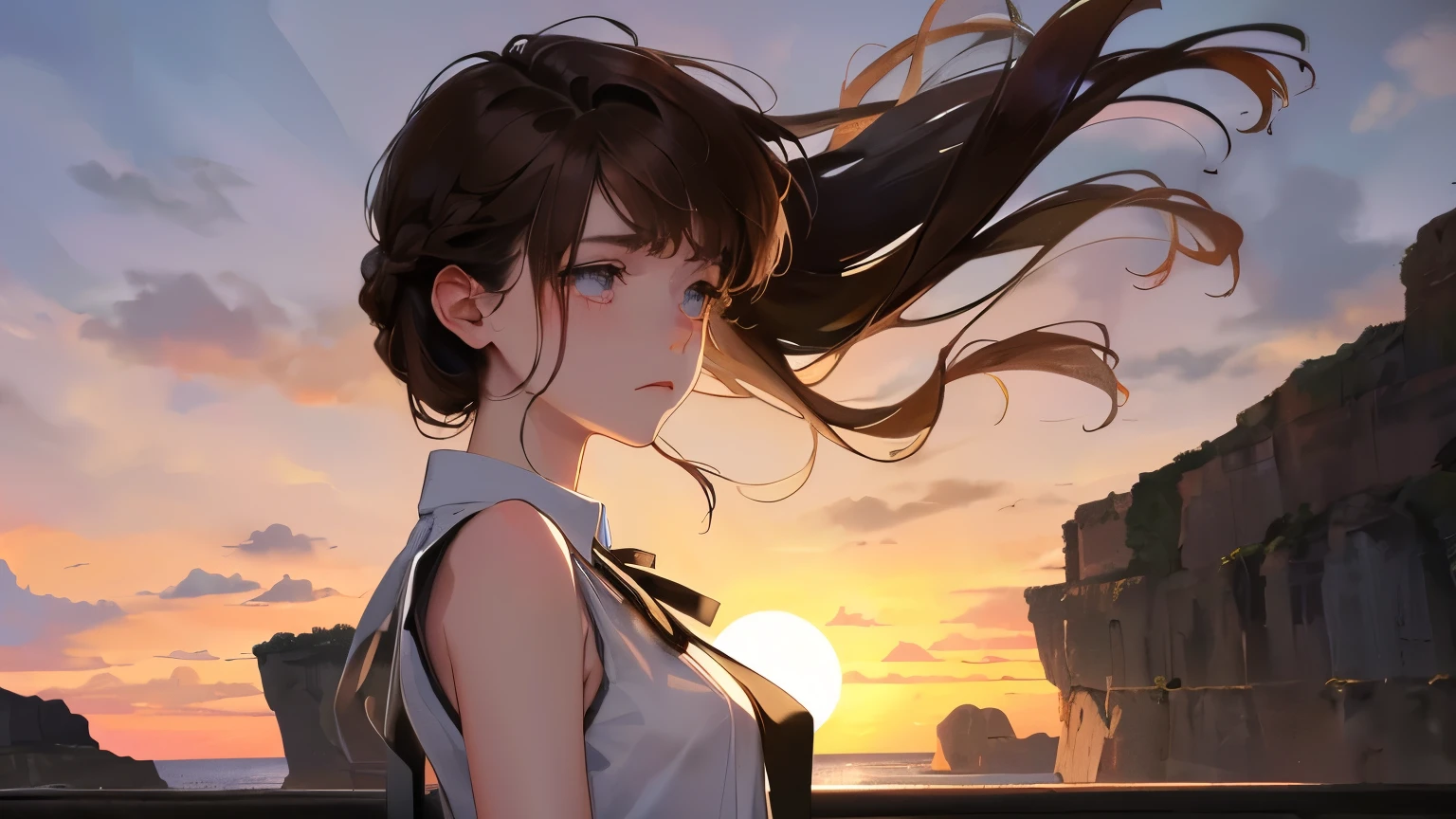 ((sunset)))、(((Sad expression)))、((1 person)),Masterpiece,best quality, ((skirt))),Sandals ,((White sleeveless shirt))、((white sea))、((Backlight)),determined expression, Upper body diagram、 (Highest Resolution、Clear_image)、Best Quality、Light and shadow contrast、((Backlight))、Very detailed、Semi-realistic、Braided hairstyle、Brown Hair、bangs、19 years old、　Young lady,,young、((View from top))、Delicate Facial Features