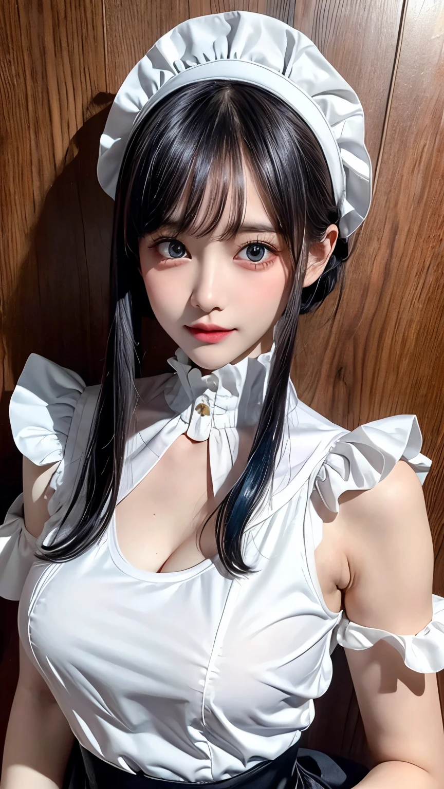 (Close-up:1.4)、(RAW shooting:1.2)、(photorealistic:1.4)、(masterpiece:1.3)、(highest quality:1.4)、solo、7 head and body、(slender and beautiful girl)、cute、(beautiful detailed eyes)、(charming big eyes)、(beautiful double eyelids)、(beautiful and detailed face)、(gentle smile:1.2)、(big breasts:1.2)、(cleavage)、(erect nipples:1.2)、(full body shot)、8K、(muste piece:1.2)、(pale blue hair、short bob:1.3)、(Bangs Patsun)、(headdress、white blouse、black ribbon、ruffle skirt、puff sleeves、collar、choker、white apron with fine frills:1.3)、White Knee High Socks、black maid costume、(Sexy model pose with chest sticking out:1.3)、cowboy shot、view audience、(small butt)、(beautiful hands)、(beautiful thighs)、cute系、(perfect anatomy:1.2)、ancient city、