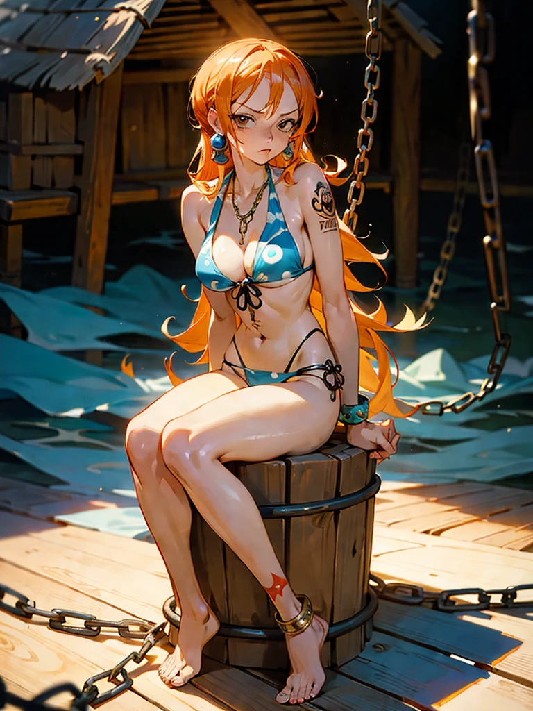 A woman sitting in a bikini with chains around her. one piece us from one piece enchanting anime girls anime characters one piece nami full body art monokini beautiful and detailed anime art one piece one piece nami one piece from nami tattoos on her body chained and locked in a hut chained hands us from nami inside the hut japanese anime characters with tattoos one piece nami