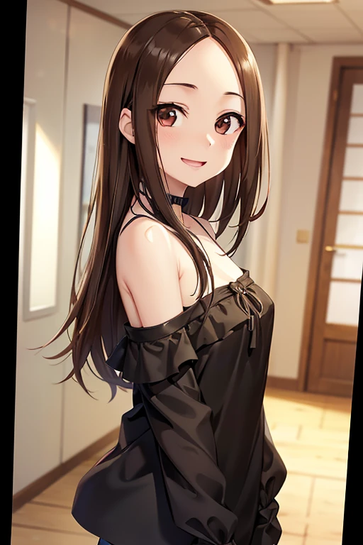 Takagi-san、Shiny brown hair, Straight Long Hair,((Medium chest、Forehead、Center part))、 Beautiful brown eyes、smile、Sparkling eyes, (fine grain)、Very fine eye、Highly detailed face, Highly detailed eyes, Cowboy Shot、


Side Angle,(avert your eyes:1.5),Detailed CG,Ultra-fine illustrations,masterpiece,Highest quality,break
(Off-the-shoulder blouse)break(Pale skin:1.2),Glowing Skin,Shiny Hair,(A 28-year-old woman ,(smile:1.,(Open your mouth),The background is inside a game center,alone