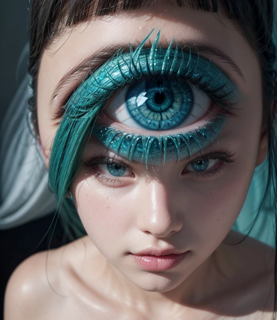 draw a picture the eyes are diamonds, inside the eye is diamond, a blue with green. Look, all diamonds don&#39;t have this black part, they&#39;re all diamonds. And outside the eye there is this same frame and the Being is gray, half beige. Create a Dimensional being with this eye