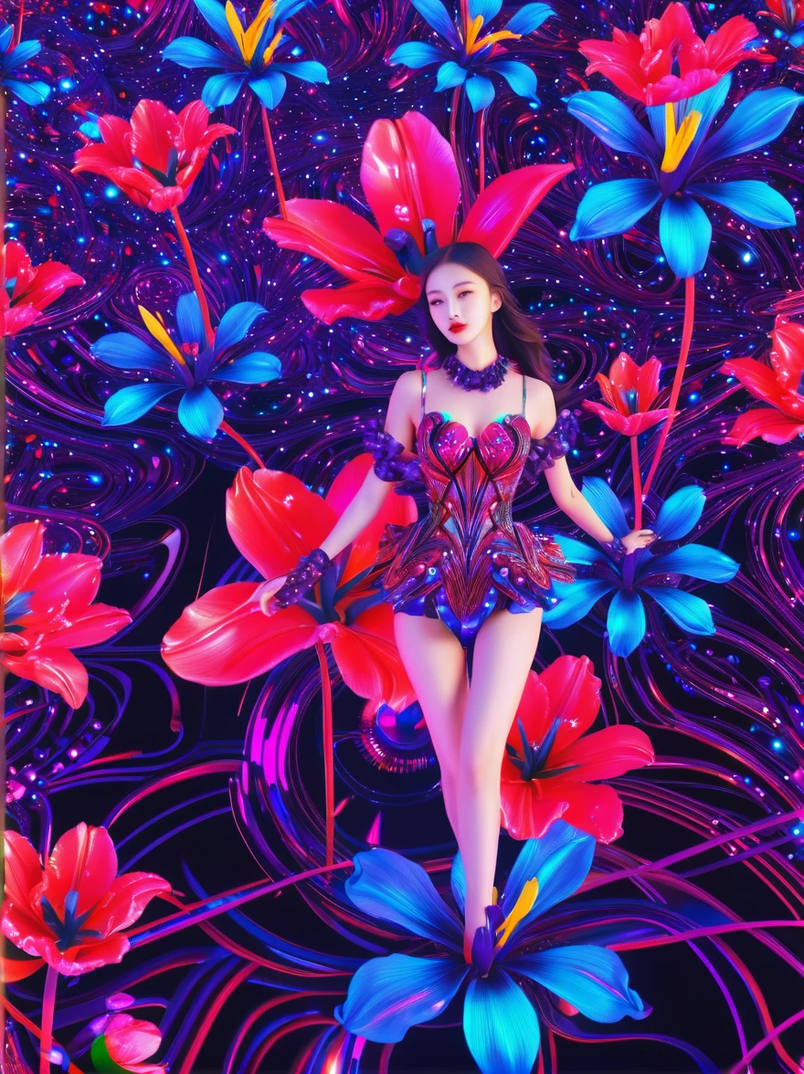 (3D，Mechanical feel，cute，ais-scrapyrd 1girl，Mechanical tulip)，(使用广角镜头拍摄whole body图像:1.9)，(masterpiece:1.1)，(Highest quality:1.1)，(HDR:1.0)，Ambient Light，Ultra high quality，(Ultra-detailed original illustrations)，(1 Girl，whole body)，(Rainbow Skirt)，(Slender thighs)，(Shoes made from tulip flowers: 1.5)，((Harajuku Fashion))，((Tulip flower with human eyes，Eye disease))，Double Exposure，Fusion of Fluid Abstract Art，Fault，(Original illustration composition)，(Limited color blending，Extreme art style，Geometric artstyle), , Colorful neon lights，High-tech mechanical parts，Metal body，Detailed Vibranium Flower Design，Vibrant colors，Dynamic glowing flowers，Reflective metal surface，Bright environment，Dynamic poses，Exquisite existence，Skills Improvement，Interlocking mechanical gears，Stylish design，motion blur effect，Detailed metal treatment，Sci-fi atmosphere，Streamlined aerodynamic shape，Laser scanning pattern，Holographic projection，LED light track，Beautiful and unforgettable，Advanced sensors，Complex algorithms，Ominous and mysterious atmosphere，Electric Spark，Shiny chrome，Propulsion systems of the future，(Best quality，8k，high resolution，masterpiece:1.2)，Super detailed，(whole body:1.8), magazine photography，一个cute的女孩形象，Popular on social platforms，((Dopamineism))，(((Dopamine color matching)))，Dopamine，(in the style of Y2K)，Luo Erchun，3D古风，Oriental poetry and painting