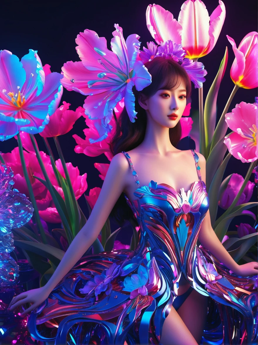 (3D，Mechanical feel，cute，ais-scrapyrd 1girl，Mechanical tulip)，(使用广角镜头拍摄whole body图像:1.9)，(masterpiece:1.1)，(Highest quality:1.1)，(HDR:1.0)，Ambient Light，Ultra high quality，(Ultra-detailed original illustrations)，(1 Girl，whole body)，(Rainbow Skirt)，(Slender thighs)，(Shoes made from tulip flowers: 1.5)，((Harajuku Fashion))，((Tulip flower with human eyes，Eye disease))，Double Exposure，Fusion of Fluid Abstract Art，Fault，(Original illustration composition)，(Limited color blending，Extreme art style，Geometric artstyle), , Colorful neon lights，High-tech mechanical parts，Metal body，Detailed Vibranium Flower Design，Vibrant colors，Dynamic glowing flowers，Reflective metal surface，Bright environment，Dynamic poses，Exquisite existence，Skills Improvement，Interlocking mechanical gears，Stylish design，motion blur effect，Detailed metal treatment，Sci-fi atmosphere，Streamlined aerodynamic shape，Laser scanning pattern，Holographic projection，LED light track，Beautiful and unforgettable，Advanced sensors，Complex algorithms，Ominous and mysterious atmosphere，Electric Spark，Shiny chrome，Propulsion systems of the future，(Best quality，8k，high resolution，masterpiece:1.2)，Super detailed，(whole body:1.8), magazine photography，一个cute的女孩形象，Popular on social platforms，((Dopamineism))，(((Dopamine color matching)))，Dopamine，(in the style of Y2K)，Luo Erchun，3D古风，Oriental poetry and painting