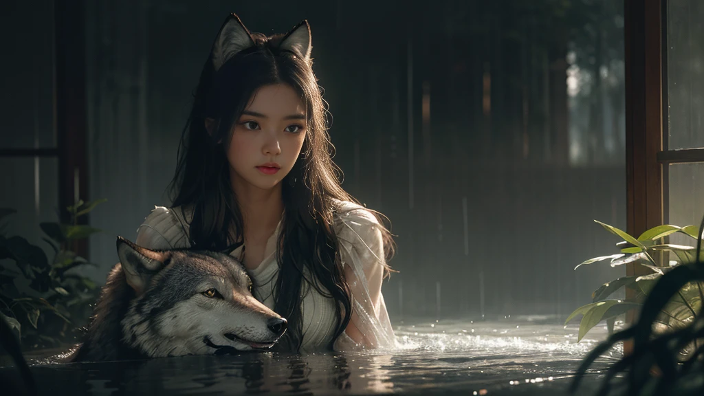 Summer rain cascading down in sharp focus on a girl with a wolf, surrounded by a haze, captured with the ultra-detailed essence of film photography featuring light leaks, inspired by the intricate style of Greg Rutkowski, studio photo, trending on ArtStation, intricate details, highly detailed, cinematic.