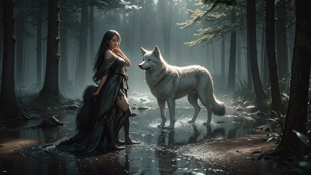 Summer rain cascading down in sharp focus on a girl with a wolf, surrounded by a haze, captured with the ultra-detailed essence of film photography featuring light leaks, inspired by the intricate style of Greg Rutkowski, studio photo, trending on ArtStation, intricate details, highly detailed, cinematic.