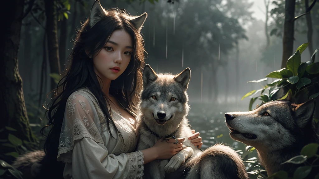 Summer rain cascading down in sharp focus on a girl with a wolf, surrounded by a haze, captured with the ultra-detailed essence of film photography featuring light leaks, inspired by the intricate style of Greg Rutkowski, studio photo, trending on ArtStation, intricate details, highly detailed, cinematic.