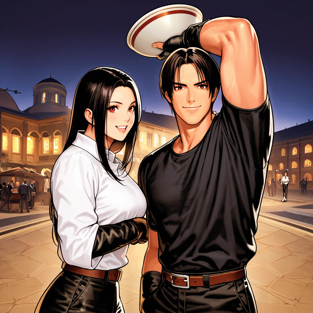 Orochikyo, dark skin, two people, two shots, red eyes, black jacket (arms rolled up), fingerless gloves, black hair, white T-shirt, ((bowl)), black pants, white shoes, brown belt, handsome, shot, charming, masterpiece, high resolution, detailed face, fine grain, night, happy smiling man and woman, background to French pantheon, laughing man and woman, man and woman with same hair and clothes, hand on woman's head