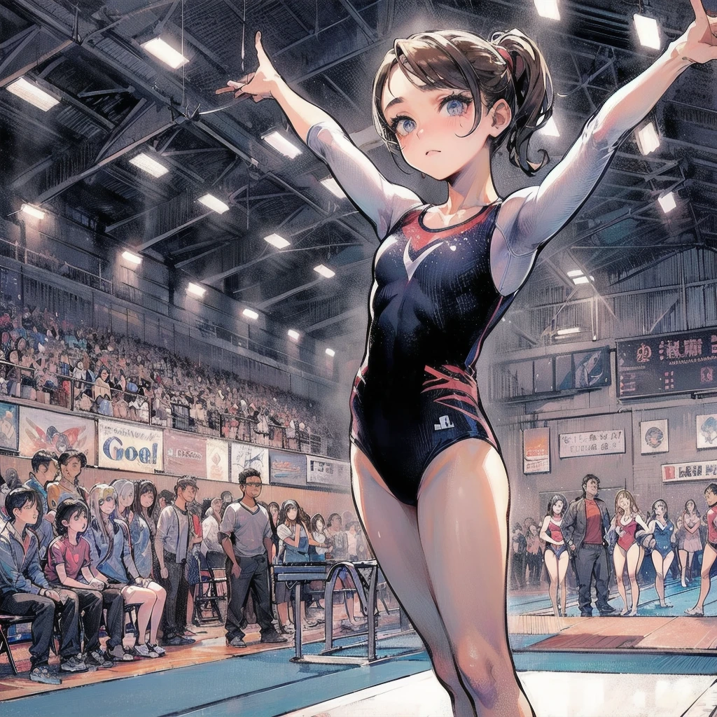  masterpiece, (textured skin), best quality, gorgeous beautiful girl, (a female gymnastics athlete), detailed clothes,large breasts,narrow waist,, (beautiful face), cinematic lighting, (at gymnastics venue ),
