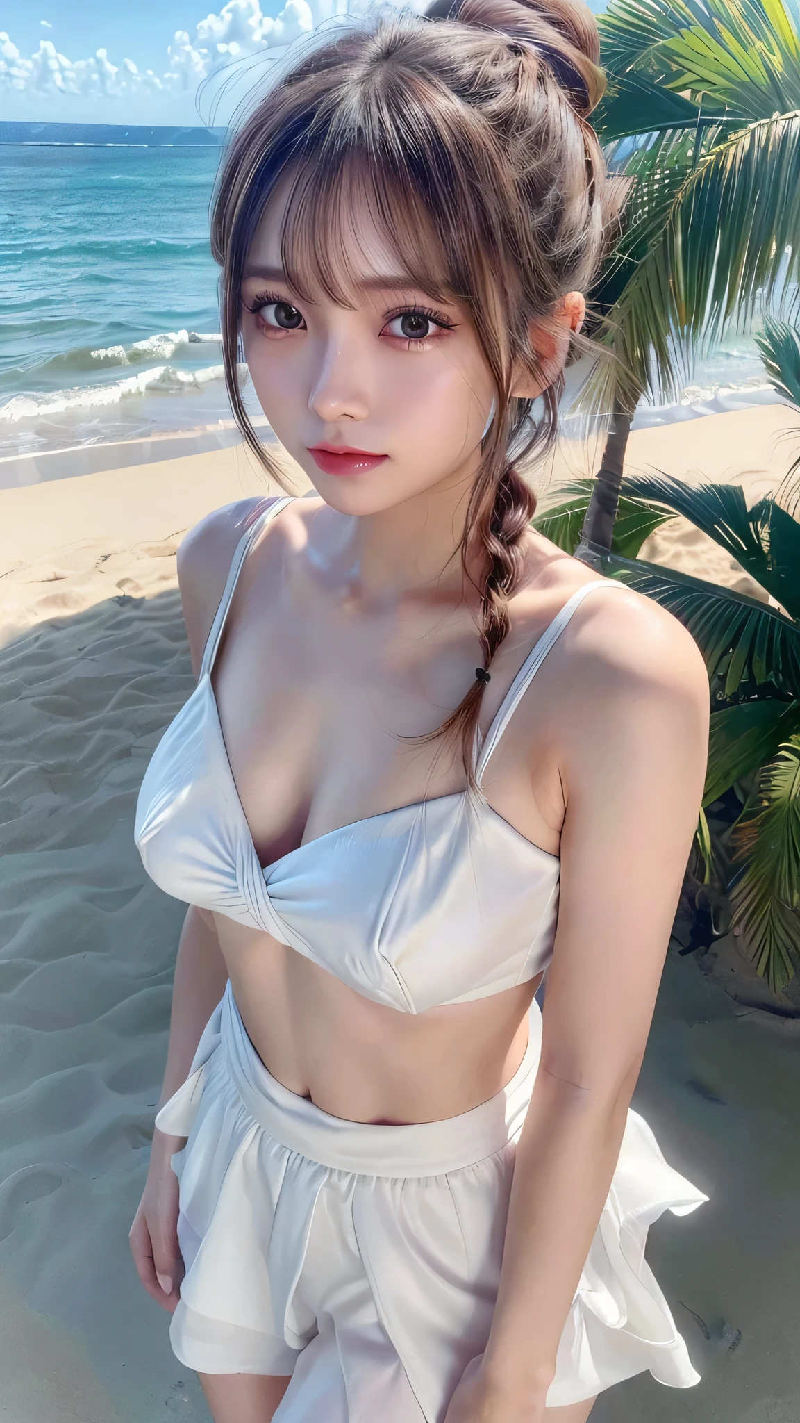 ((masterpiece)), ((best quality)), ((highres)), ((finely detail)),1girl, amid_e7, small breast, swimsuit, realistic, beach, wet, ocean, navel, sky, collarbone