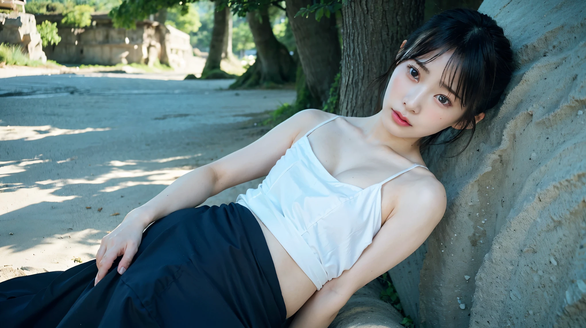 Completely naked、1girl, Best quality, Realistic, solo, Depth of field, Natural light, Daytime, Attractive, Beautiful face, Pure face, Pale skin, Cute, Short hair, Beach, Sunshine,Flat breasts, Small breasts,Naked, Full body, (beautiful face)),ponytail、small bust、minimal chest、Make details appear clear、The whole body is facing this way、The face is facing straight ahead、Body facing this way、Pregnant women、During pregnancy、late pregnancy、I can see your belly button、Arms folded behind back、Low - Angle,countryside